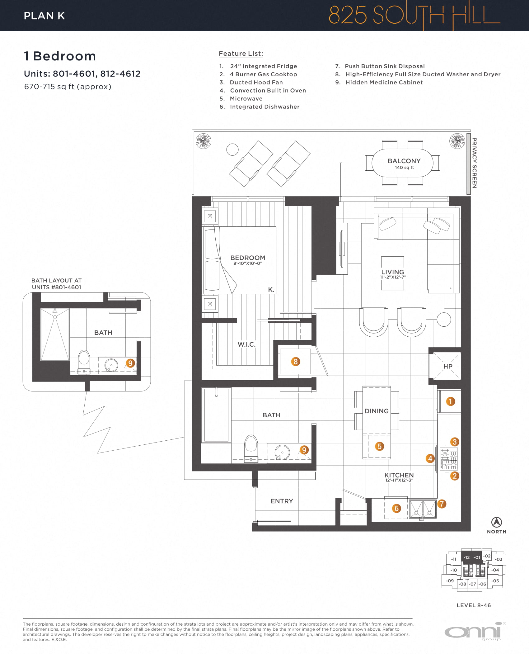 Floor plan for 1 bed, 1 bath, 670 sqft
